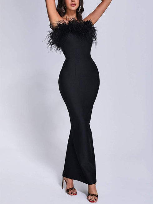 Serenya Ostrich Fur Bandeau Dress
