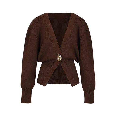 Brown knitted cardigan with a gold button on a light gray background