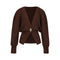 Brown knitted cardigan with a gold button on a light gray background