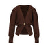 Brown knitted cardigan with a gold button on a light gray background
