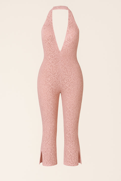 Pink lace jumpsuit on a light pink background