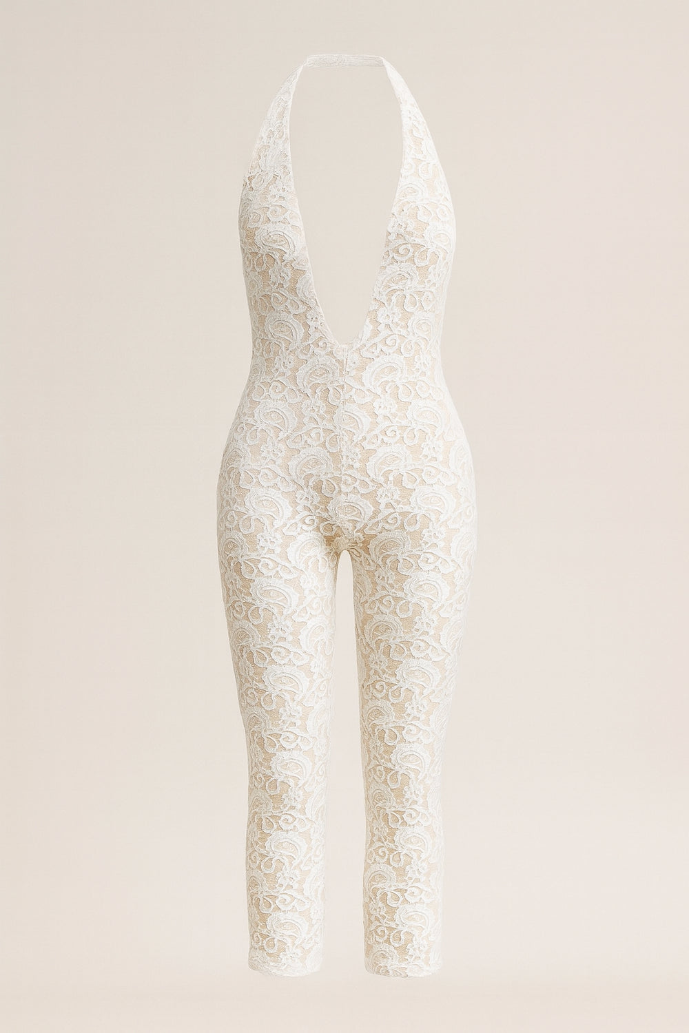 White lace bodysuit on a light beige background