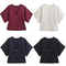 Four different colored tops with short sleeves on a white background