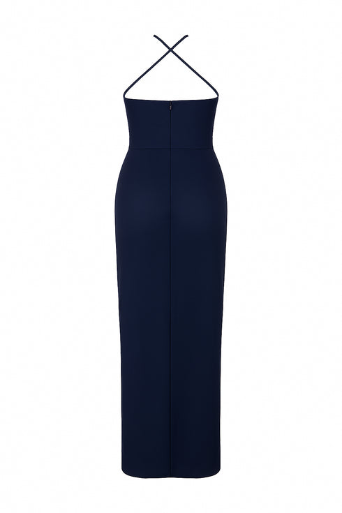 Navy blue strapless jumpsuit on a white background