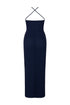 Navy blue strapless jumpsuit on a white background