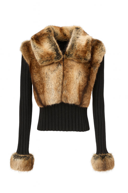 Fur-trimmed black sweater on a white background