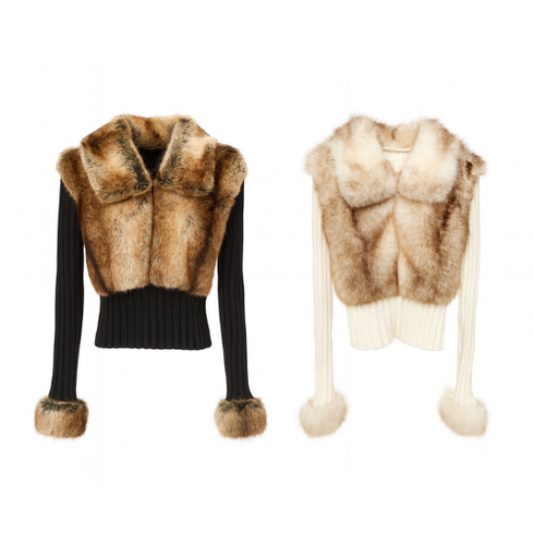 Two faux fur jackets, one brown and black, the other beige and white, on a white background.