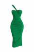 Green one shoulder dress on a white background
