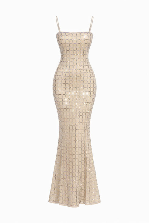 Beige evening gown with grid pattern on a white background