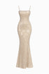 Beige evening gown with grid pattern on a white background