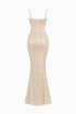 Beige evening gown with a textured pattern on a white background