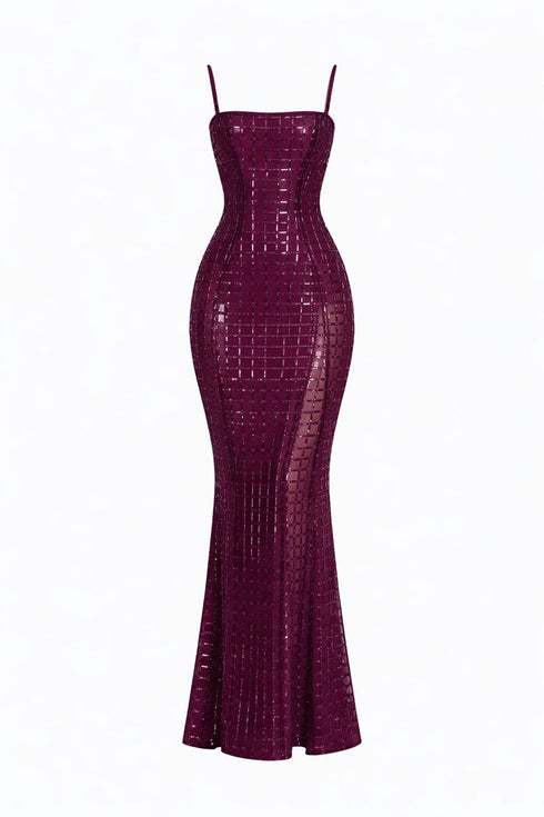 Purple evening gown with a textured pattern on a white background