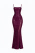 Purple evening gown with a textured pattern on a white background