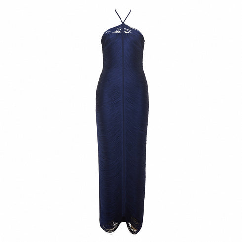 Navy blue evening gown with thin straps on a white background