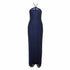Navy blue evening gown with thin straps on a white background