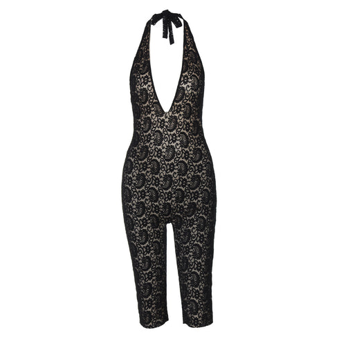 Calliope Lace Halterneck Plunge Capri Jumpsuit