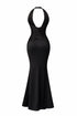 Back of Black halter neck dress on a white background