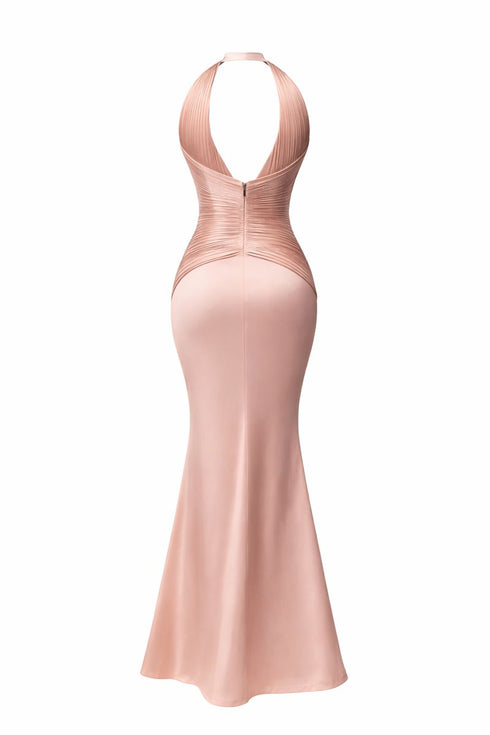 back of Pink evening gown with halter neckline on a white background