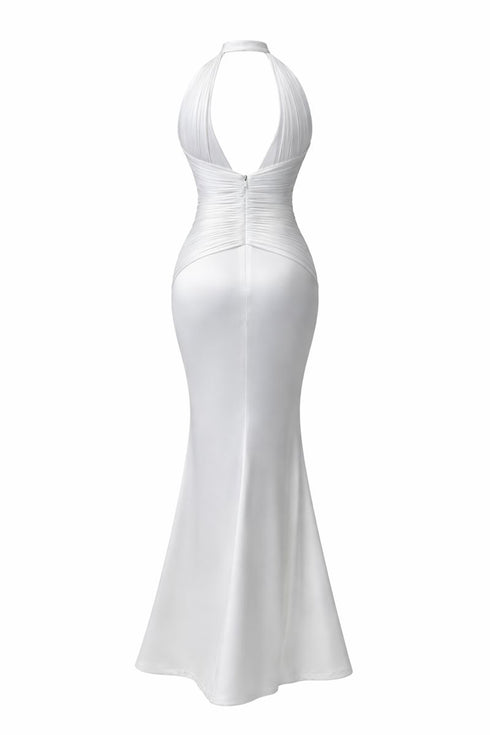 Back of White halter neck dress on a white background