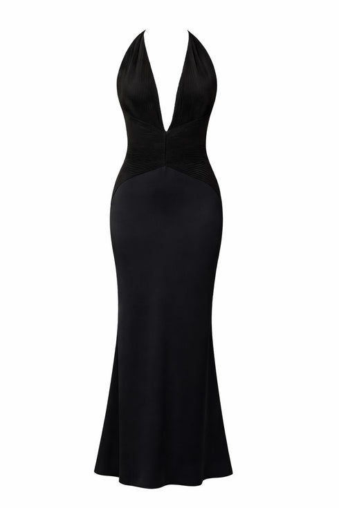 Black halter neck dress on a white background