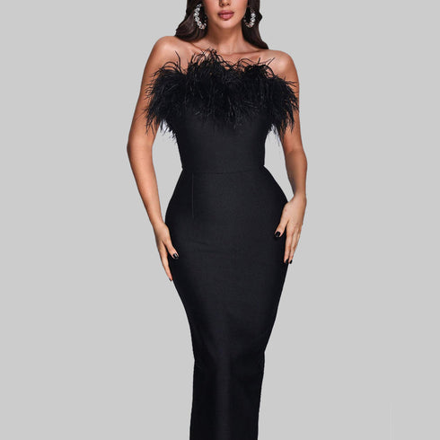 Serenya Ostrich Fur Bandeau Dress