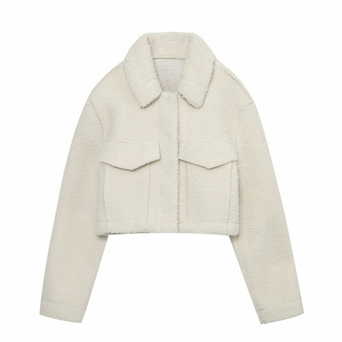 Thalia Cream Pocket Shearling Cropped Jacket