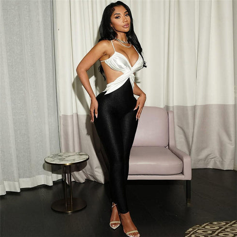Aurea Luxe Satin Plunge Backless Slinky Jumpsuit