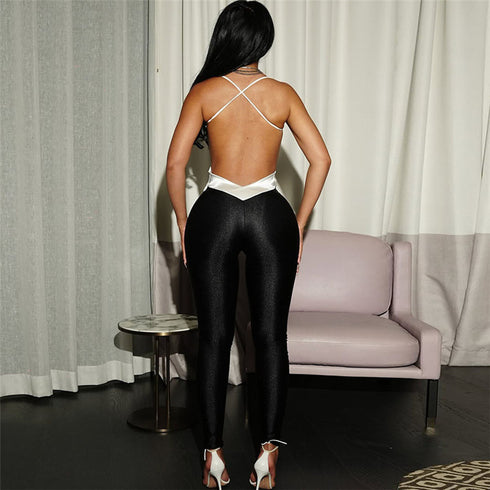 Aurea Luxe Satin Plunge Backless Slinky Jumpsuit