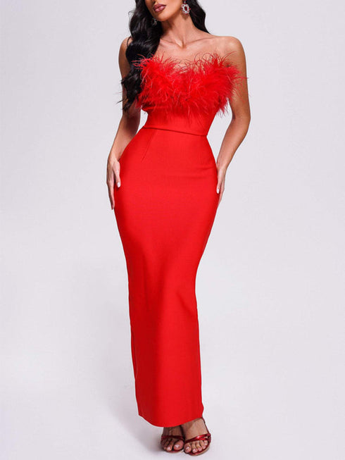 Serenya Ostrich Fur Bandeau Dress