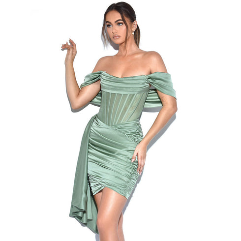Gia Off The Shoulder Satin Corset Midi Dress