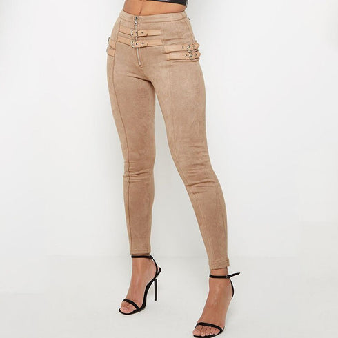 Suedette Skinny High Waist Belt Detail Trousers