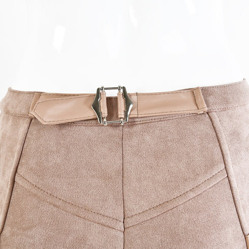 Suedette Skinny High Waist Belt Detail Trousers
