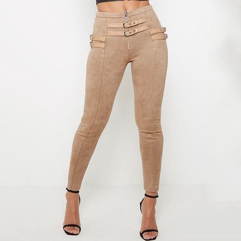 Suedette Skinny High Waist Belt Detail Trousers
