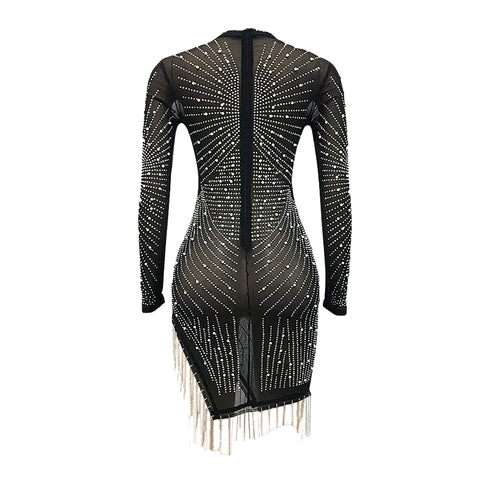 Ophelia Pearl & Diamond Embellished Fringe Hem Dress