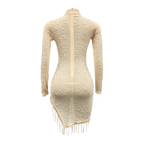 Ophelia Pearl & Diamond Embellished Fringe Hem Dress