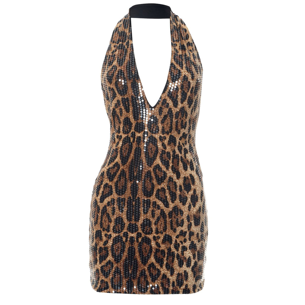 Zephyra Animal Print Sequin Halter Mini Dress