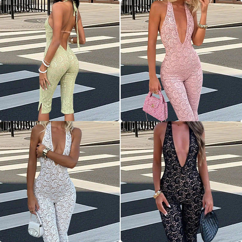 Calliope Lace Halterneck Plunge Capri Jumpsuit
