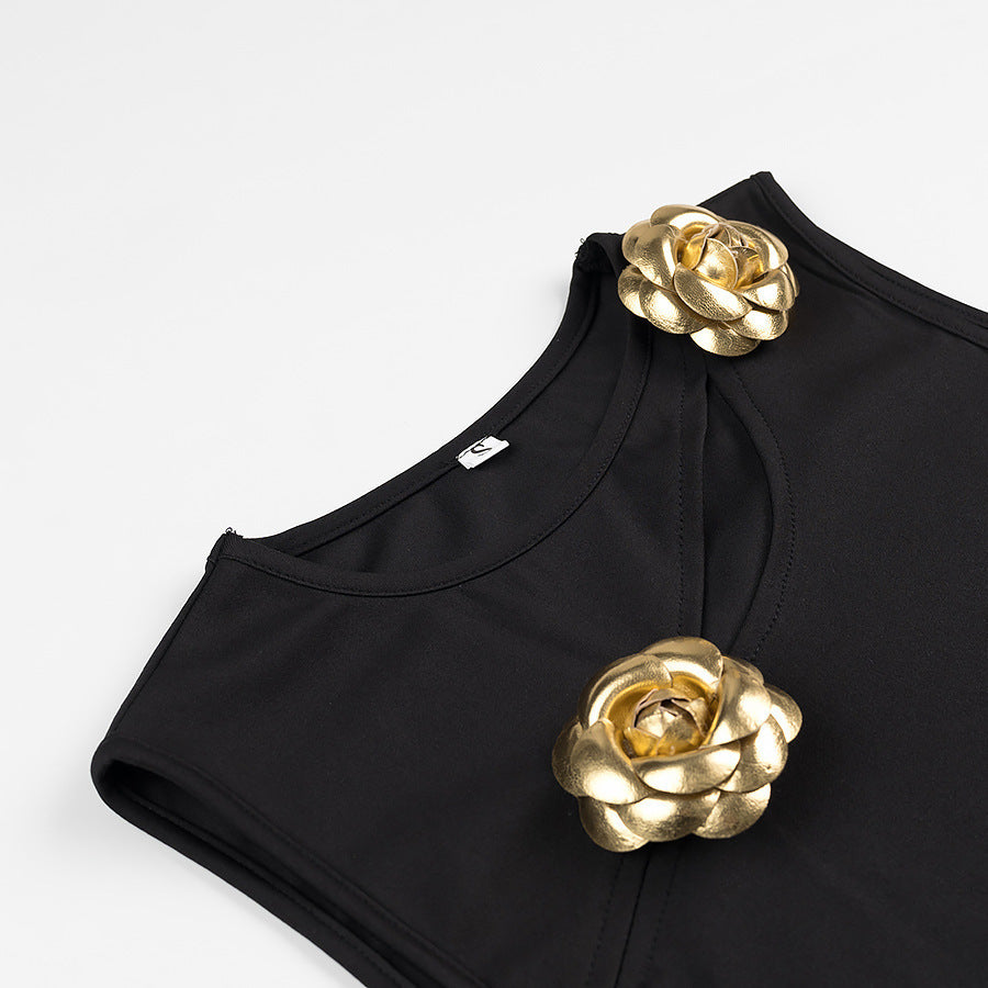 Alayna Gold Flower Detail Top and Midi Skirt Co ord