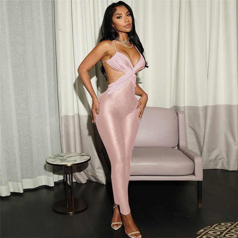 Aurea Luxe Satin Plunge Backless Slinky Jumpsuit
