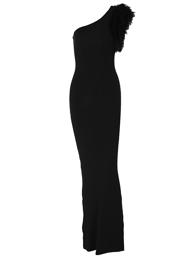 Saphira One Shoulder Feather Detail Maxi Dress