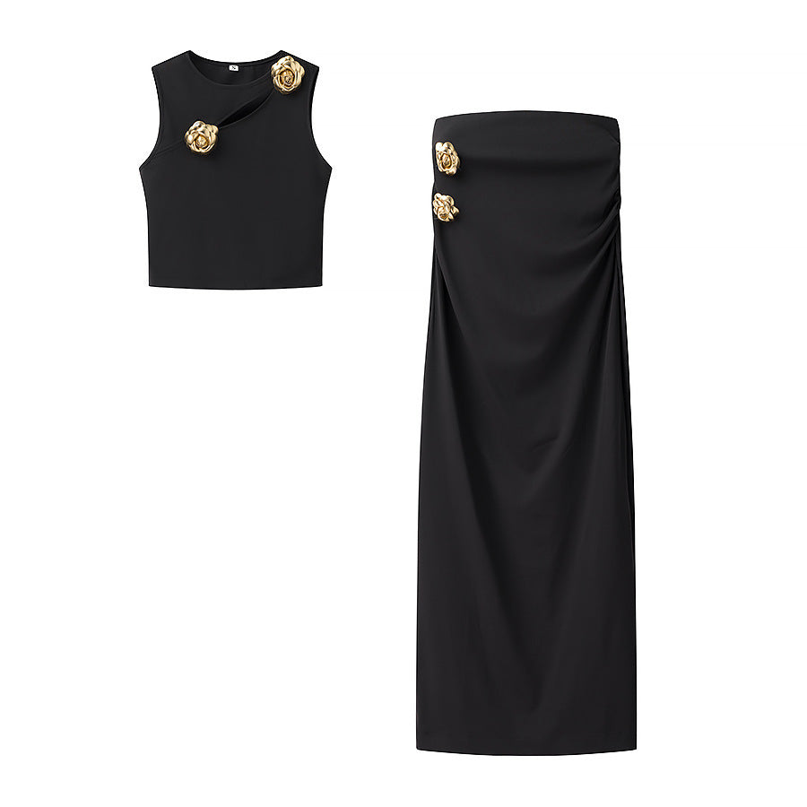 Alayna Gold Flower Detail Top and Midi Skirt Co ord