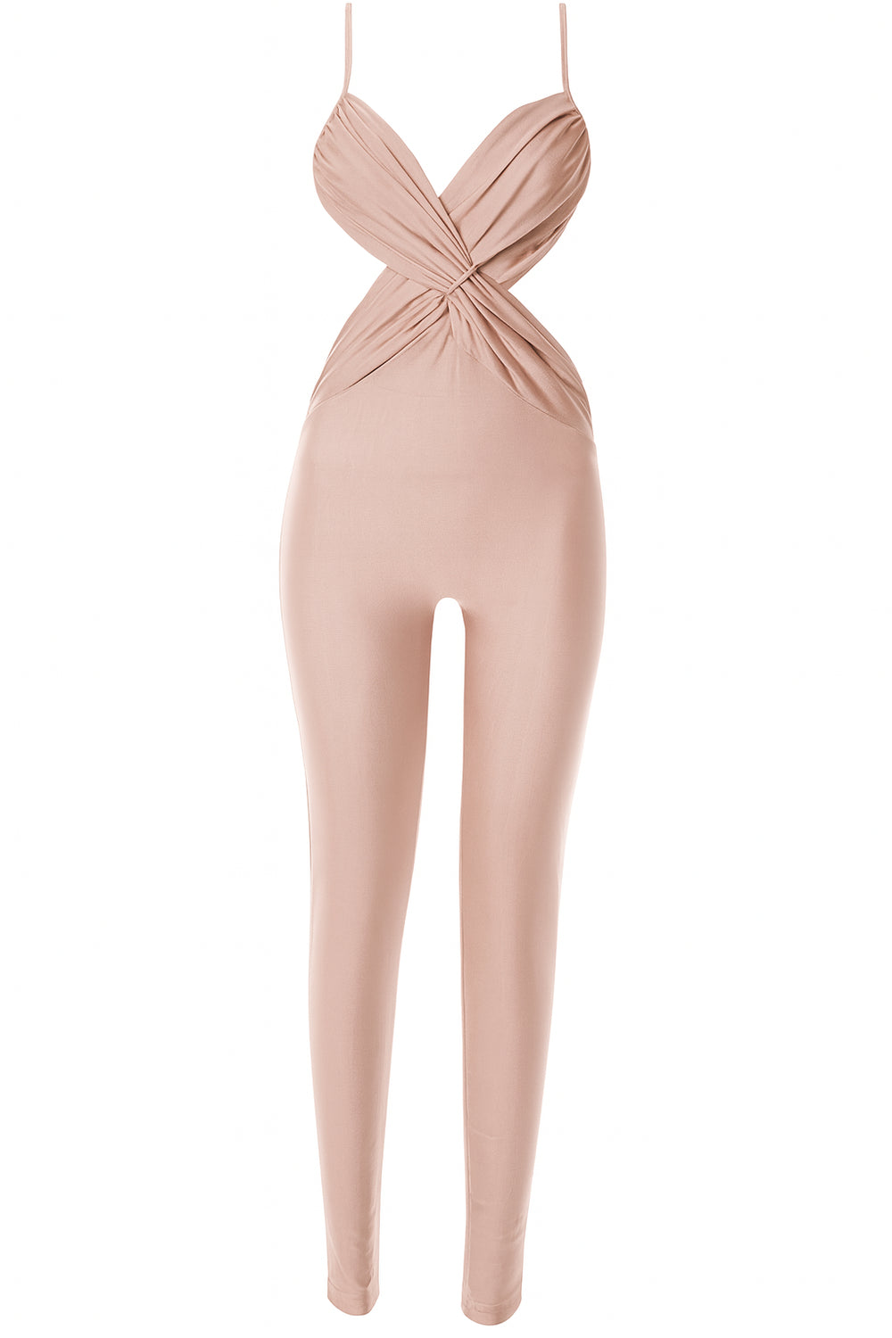 Pink jumpsuit with a twist front design on a white background