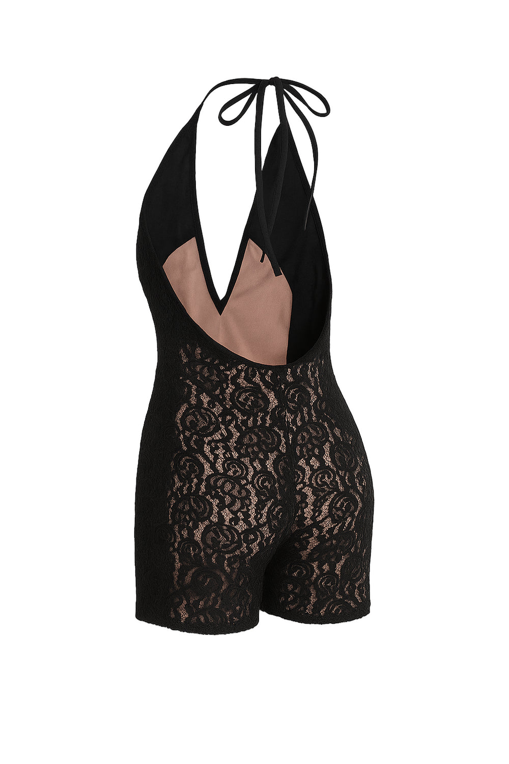 Black lace romper on a beige background
