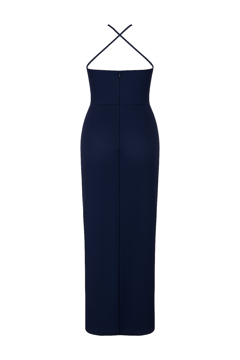 Navy blue strapless jumpsuit on a white background