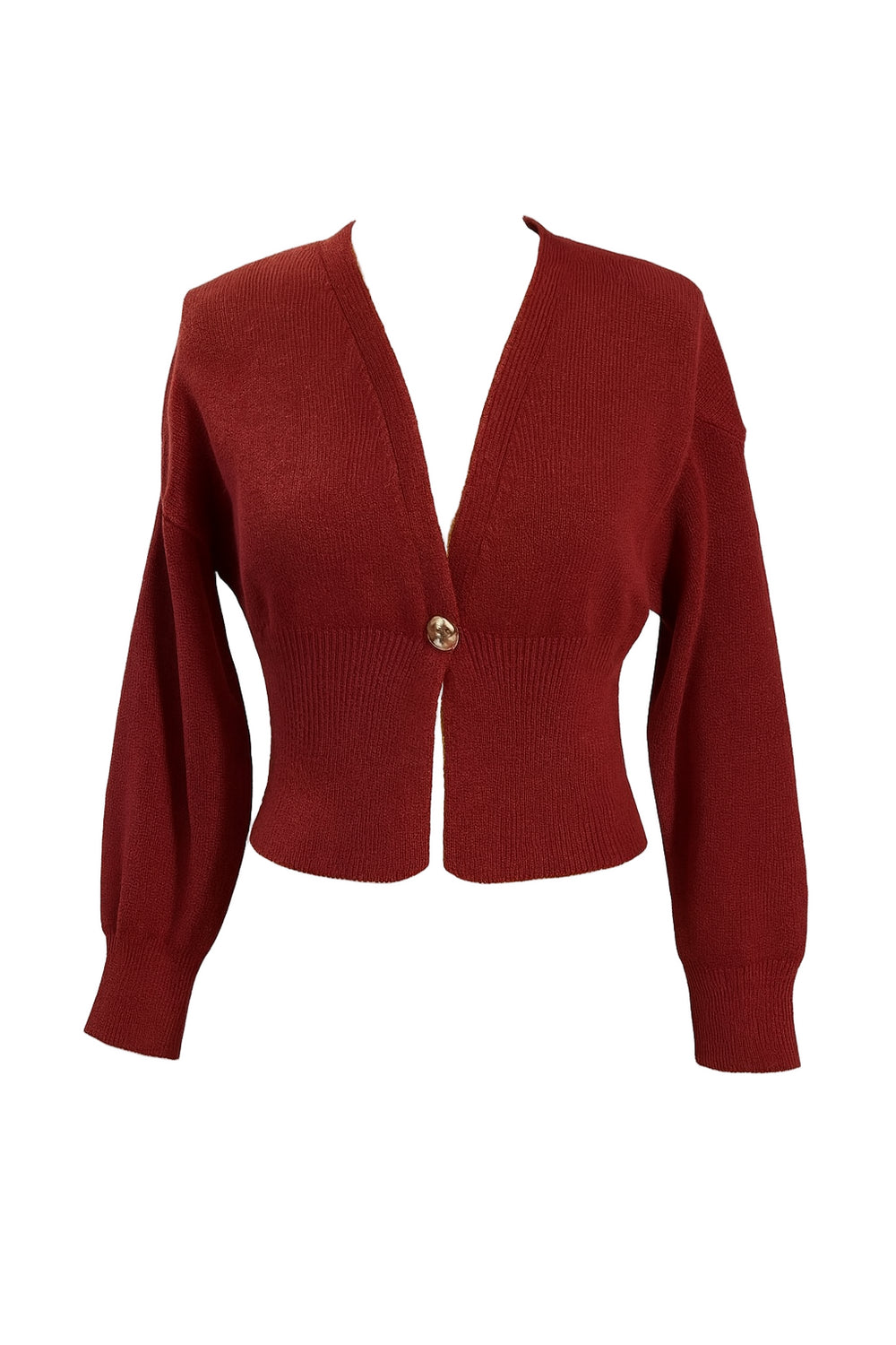 Red cardigan with a gold button on a light gray background