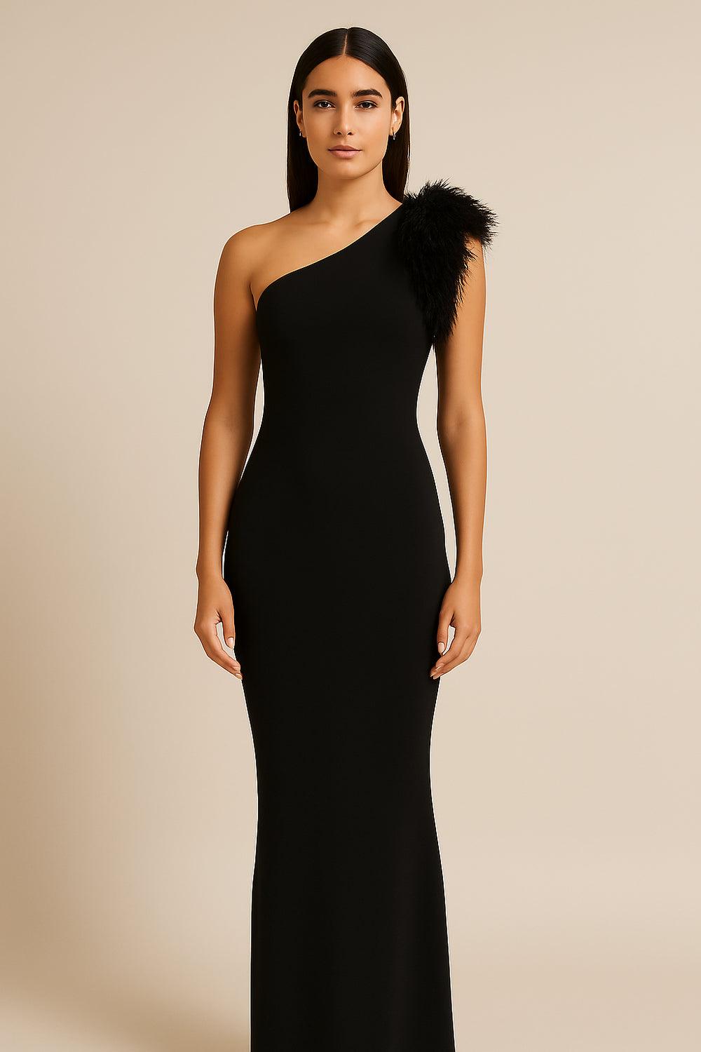 Black one-shoulder dress with feather detail on a beige background