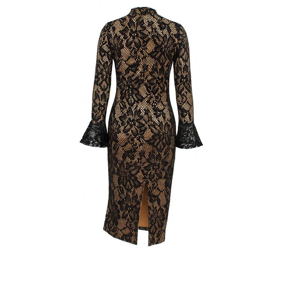 Oriane Lace Plunge Cut out Long Bell Sleeve Midi Dress