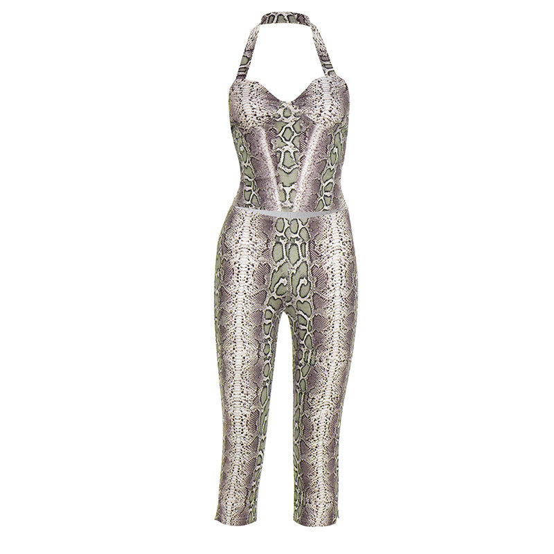 Seleneve Halter Snake Print Capri Pant Set