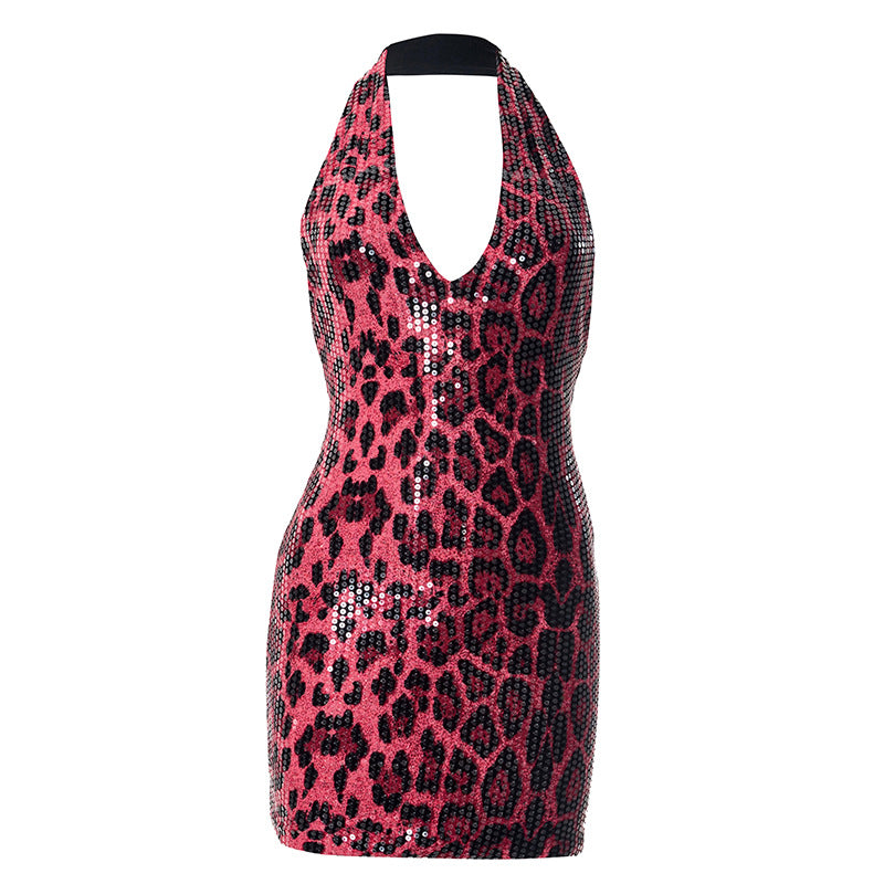 Zephyra Animal Print Sequin Halter Mini Dress