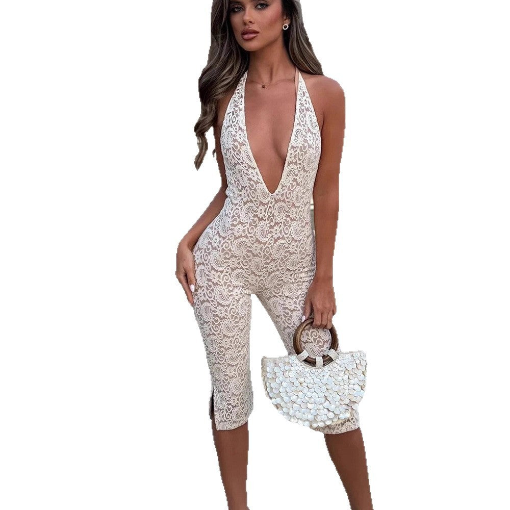 Calliope Lace Halterneck Plunge Capri Jumpsuit